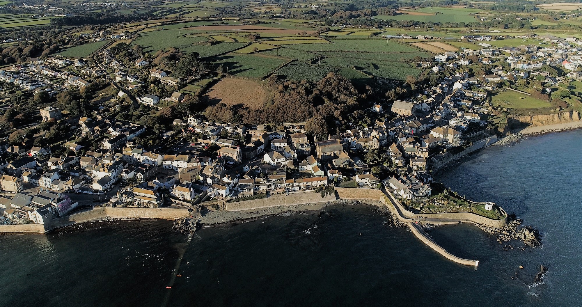 aerial photograph coastal seaside town
