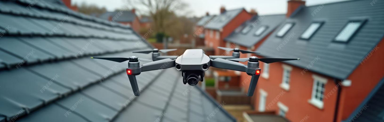 Drone inspecting chimney and roof flashing for commercial property survey