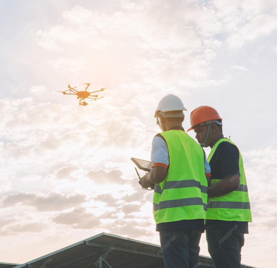 Drone performing a roof inspection over a commercial building in the Home Counties