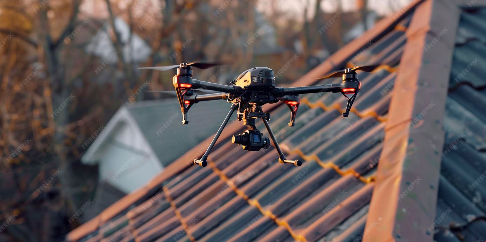 Close-up drone image of roof tiles and gutters for a detailed inspection quote
